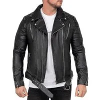 Reichstadt Bikerjacke Herren Slim Fit Lederjacke Silver Zipper RS003PU mit Gürtel und Steppmustern