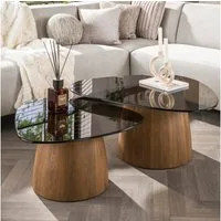 alesvelt Couchtisch TINTO TRIANGOLO Dreieckige Satztische mit Rauchglas und Holzsockel (2er-Set), 91x70x40cm 74x67x35cm Glas rauchfarben Eichenholz-Optik