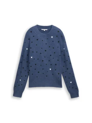 Denim Tom Tailor - Relaxed Fit Strickpullover mit Stickereien blue black dots and hearts - Gr. - XS