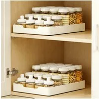 BlingBin Küchenorganizer-Set Teleskopschublade, Ausziehbare Schublade Küche Organizer Schrank, (2er Set, 2-tlg., 43L x 35B x 6H cm, Erweiterbar Küchenschublade mit Kleber), Schubladen-Aufbewahrungsregale für Küche, Ohne Bohren, Weiß