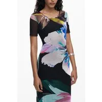 Desigual Partykleid Elegantes, langes schwarzes Kleid mit Muster und Rundhalsausschnitt
