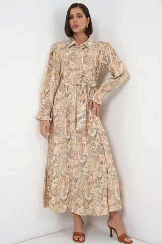 Paisley-Gürtel-Midi-Hemdkleid