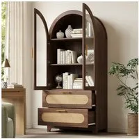REDOM Hochschrank Vitrine (Bücherregal mit 2 Schubladen & verstellbaren Böden, Retro-Design, Nussbaum, 1-St., 80*40*175cm(L x B x H)