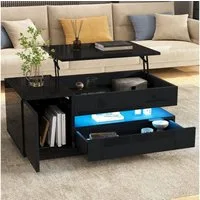 Merax Couchtisch anhebbarer Sofatisch hochglanz Beistelltisch mit LED-Beleuchtung (hydraulische Hebefunktion, modern & funktional, 1-St., Höhenverstellbare Tischplatte), Wohnzimmertisch mit Schublade, Schrank & versteckter Stauraum