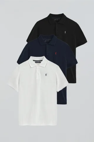 Dreierpack Herren-Poloshirts marineblau, weiß und schwarz aus Pikee mit gesticktem Rigby Go-Logo