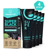 happybrush Zahnpasta SuperBlack - mit Aktivkohle zur Zahnaufhellung - 4er Pack, (Spar-Set) Ohne Mikroplastik, vegan, nachhaltig