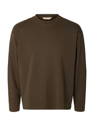 selected men - SLMTAJ HEAVY LS O-NECK TEE Turkish Coffee - Gr. - M