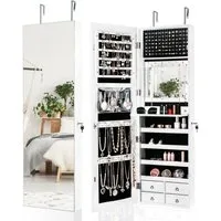 COSTWAY Schmuckschrank mit LED & Ganzkörperspiegel & 4 Schubladen & 4 Regale