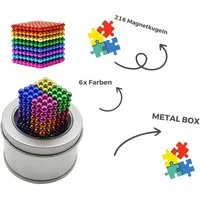 powertechnik-Germany Dekomagnet Magnetkugeln 216 Stk. 5mm Magnetische Kugeln Blöcke Bunt+Metal Box
