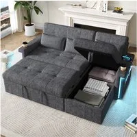 Merax Schlafsofa mit LED-Beleuchtung & USB, Ecksofa mit Schlaffunktion, Chenille 1 Teile, L-förmiges Sofa mit verstellbarer Rückenlehne, Stauraum & 3 Zierkissen