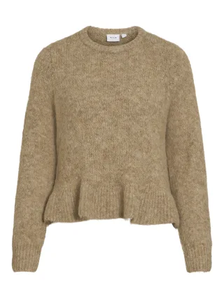VILA - VIBOWS L/S FLOUNCE KNIT PULLOVER Dark Natural Melange - Gr. - M
