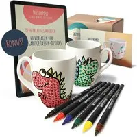 Veluxis Tasse TassenPoet Malset mit 2 Tassen (400 ml) & 6 edding Porzellanmalstiften, DIY Tassen zum bemalen - Kreatives Geschenk für Kinder & Erwachsene