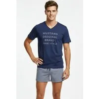 MUSTANG Schlafanzug OLE Short-Set T-Shirt Short kurze Hose Pyjama Schlafkombi (2 tlg) Oberteil navy, Short navy/graumelange geringelt
