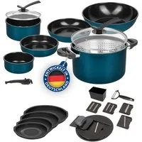 Genius Topf-Set Kelton Pfannenset Töpfe Set 3 in 1 mit Deckel, Gemüseschneider 27 tlg, Topfset pfanne bratpfanne wohnmobil kitchen camping (Komplett-Set, Set 27-tlg), umfangreiches Starterset, langlebige unbedenkliche Materialien
