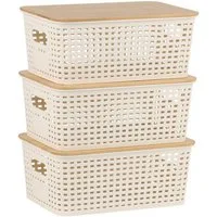 relaxdays Aufbewahrungsbox mit Bambusdeckel im Set, weiß, 3er-Pack