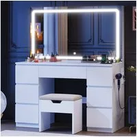 Furnicopia Schminktisch mit 7 Schubladen mit 2 Steckdosen 1 USB-Anschluss 1 Tycp-Anschluss (Größe 120*40*140cm Großer Spiegel 106cm Eingebautes Schmuckkabinett LED-Lichter Einstellbare Farbtemperatur und Helligkeit-ostern geschenke)