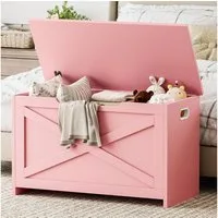 GarveeMore Sitztruhe Aufbewahrungsbox, Sicherheitsscharnier, seitliche Griffe, 75x40x45 cm, 136 kg Traglast, braun/rosa/weiß/grau