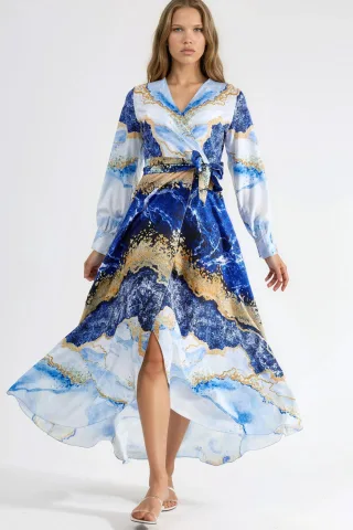 Maxikleid mit abstraktem Druck und langen Ärmeln sowie Bindeband-Detail