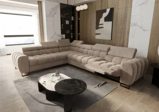 Ecksofa Schlafsofa BASTIEN RELAX in Stoff Terra Beige Ottomane Links
