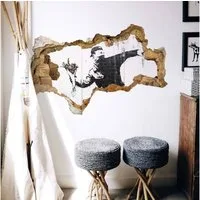 K&L Wall Art Wandtattoo 3D Aufkleber Banksy Graffiti Street Art Protest Blumenwerfer, Mauerdurchbruch Wandbild selbstklebend