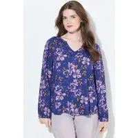 Ulla Popken Satinbluse Bluse Blüten A-Linie V-Ausschnitt Langarm
