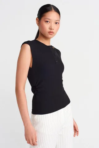 Ärmellose Rippstrick-Bluse mit Knopfleiste