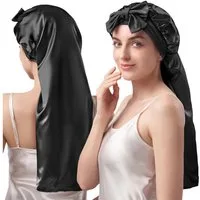 FOUORTUNATE-BEE Duschhaube Damen Schlafhaube mit langem Band – Verstellbare Haarschutzmütze1pcs, Schlafmütze mit Schleife & Stretchband – Atmungsaktiv für volles Haar