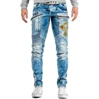 Cipo & Baxx Bikerjeans Herren Regular Fit Jeans Stonewashed BA-CD293 mit Kreuz Aufnäher und Rippenmuster
