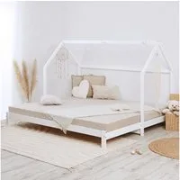 Homestyle4u Kinderbett Familienbett 90x200-187x200 Weiß mit Lattenrost Hausbett Montessori (Komplett-Set mit 2x Lattenrost, inklusive 2 Matratzen OEKO-TEX® Standard 100), ebene Liegefläche zum Kuscheln, Stillen und gemeinsamen Einschlafen