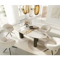 DELIFE Esstisch Edge, Oval Keramik Minas Melange Weiß-Beige 220x120 Pilier Metall Effektfini