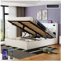 oyajia Polsterbett Stauraumbett Doppelbett LED, PU-Kunstleder (Type-C + USB, Hydraulisch hebbarer Stauraum), Modernes Jugendbett, Leises Design Bett, Max. Belastbarkeit 365 kg