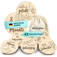 Amari Geschenkbox 42 Meilensteinkarten Baby aus Holz inkl. Aufbewahrungssäckchen, Geschenk zur Geburt, Meilensteine Geschenkset, Lasergravur