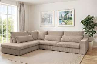 Ecksofa Designersofa THORA in Stoff Poso Beige Ottomane Links