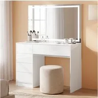 Bellamio Schminktisch Livny mit 5 Schubladen und Spiegel, Make Up Tisch 110×53×80 cm, Weiß (umlaufender LED-Strip), Schminkspiegel 110×70 cm, 3 Farbstufen mit Touch-Sensor