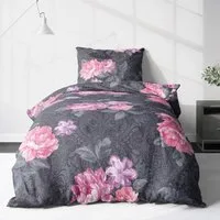 LINKHOFF Bettwäsche Biber Bettwäsche 135x200cm, Anthrazit Rosa, Blumenmuster, Flauschige Blumen-Bettwäsche, Floral, Mit Reißverschluss, Rosen