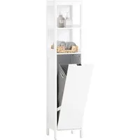 SoBuy Hochschrank BZR123, Badezimmerschrank mit Wäschekorb, Beistellschrank freistehend Badschrank mit Wäschesack Wäscheschrank Badregal Badezimmermöbel Weiß