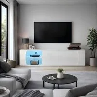 Merax Lowboard hochglänzender Fernsehschrank mit LED-Lichtern (für Fernseher bis 80 Zoll, 1 St., 180x40x45cm), TV-Schrank mit 3 Türen, großzügigem Stauraum & gehärtetem Glas