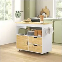 HOMCOM Servierwagen Servierwagen mit Arbeitsplatte, Schubladen, (Rollwagen mit Küchenschrank, 1 St., Kücheninsel), mit offenem Fach für Büro, 107x50x85cm, Eiche