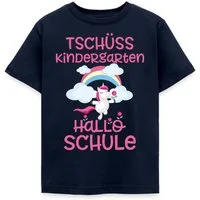 Spreadshirt T-Shirt Einschulung Einhorn Tschüss Kindergarten Hallo Schule Kinder T-Shirt (1-tlg) Fällt klein aus. Wir empfehlen, eine Größe größer zu bestellen.