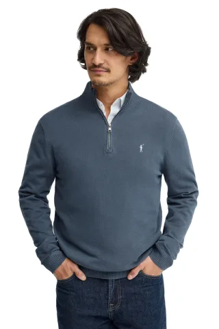 Pullover denimblau mit Zip-Kragen und Rigby Go Logo