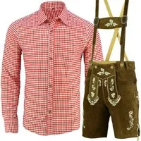 Myooka Trachtenlederhose Herren Kurz Trachtenederhose Trachten Set, 2 Teilig,LE27BR Trachtenlederhose Kurz