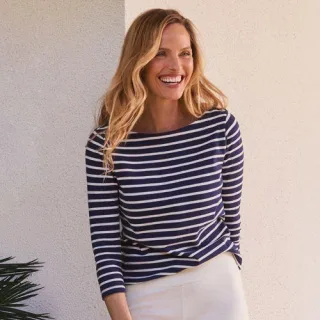 Gestreiftes Baumwollshirt mit 3/4-Ärmeln für Damen in Petite-Größe, Damen, size: petite, Blau, Baumwolle, by Lands' End