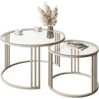 Lookway Couchtisch LORI 2in1 GLASS, runder Couchtisch mit kaschmirfarbenem Gestell (2er Set), Durchmesser: ⌀70 cm und ⌀50 cm