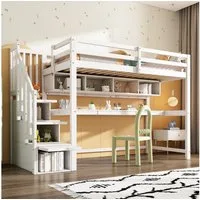 Flieks Hochbett Kinderbett mit Regale, Schreibtisch und Stauraumtreppe 90x200cm