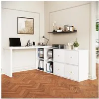 Flieks Schreibtisch 360° drehbar Bürotisch mit 4 Schubladen und 4 Fächern (Tischlänge 120xT48xH78 cm/Schranklänge 140xT35 cm, 2-St., 1 Tisch schwenkbar), Computertisch Eckschreibtisch L-förmiger Arbeitstisch mit Kommode weiß