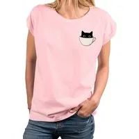 MAKAYA T-Shirt Lustiges Damen-Top mit Katzenmotiv – Katze in Kaffeetasse Print (Weiß, Rosa, Hellgrau, Grün, Dunkelgrau, Blau, Schwarz, 34, 36, 38, 40, 42, 44, 46, 48, 50) Baumwolle
