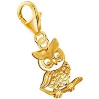 Goldene Hufeisen Charm-Einhänger Eule auf Ast Karabiner Charm Anhänger 925 Silber Vogel Vergoldet (1 Stück, inkl. Schmuckbox), Gelbgold überzogen