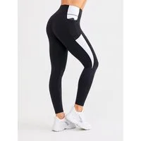 FemmeTone Leggings Damen High Waist Sportleggings, lange Fitness-Leggings, Yoga Pants Yogaleggings, Sporthose mit Handytasche und kontrastfarbenen Einsätzen