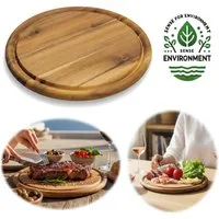 LS-LebenStil Servierbrett Holz Fleischteller Servierteller 25cm Akazie Rund Schneidebrett, Holz, (Set - 1 Stück - Schneidebrett mit Saftrille Vesperbrett Brotzeitbrett, 1-St., Vesperbrett Servierteller Pizzateller Käsebrett Holzbrett)