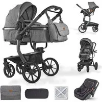Bronea Kombi-Kinderwagen UNICO Design-Kinderwagen 3-in-1 mit MATRATZE, BUGGY & AUTO-BABYSCHALE, EINHAND-FALTSYSTEM, Wickeltasche,Regen- & Mücken- & Sonnenschutz
